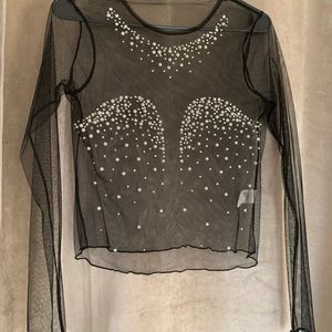 Small Black Mesh long sleeve  top with gem embellishments 🍒💎